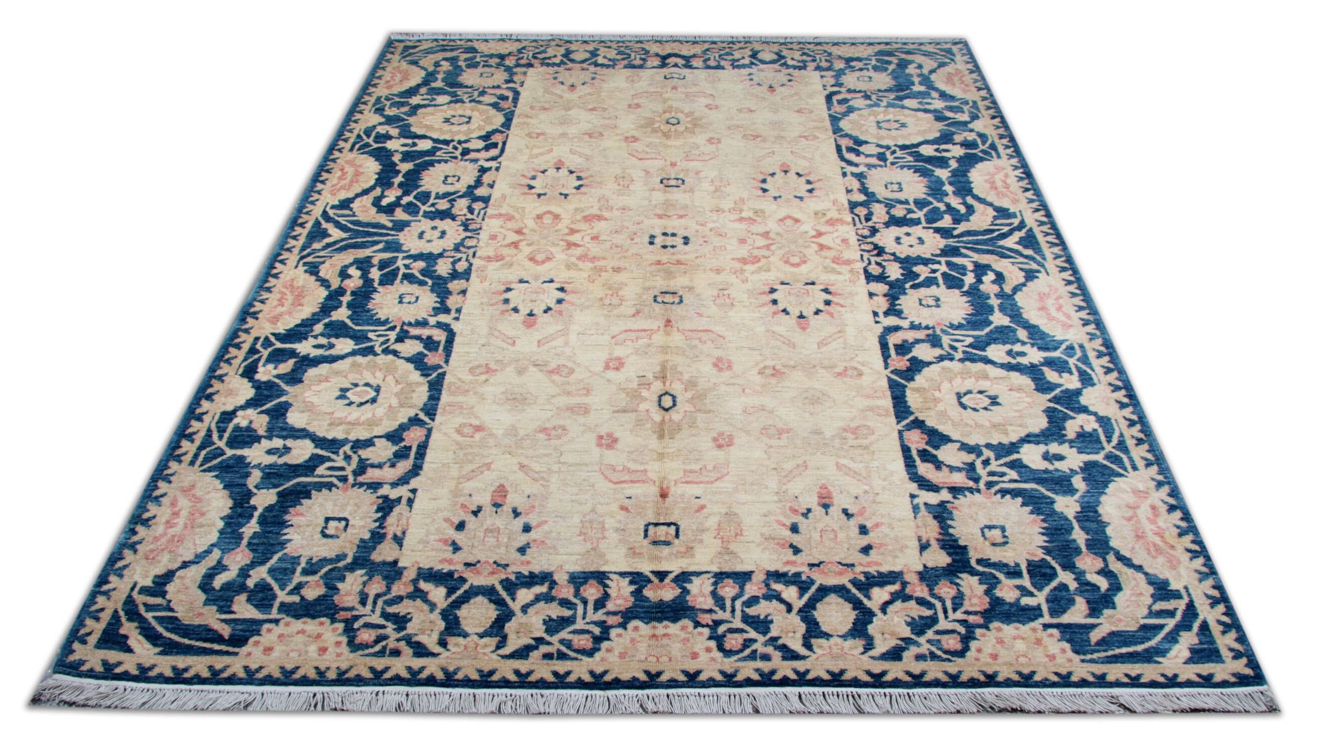 Handknotted Light Blue Rug Cream Wool Floral Zeigler Carpet Home Interior