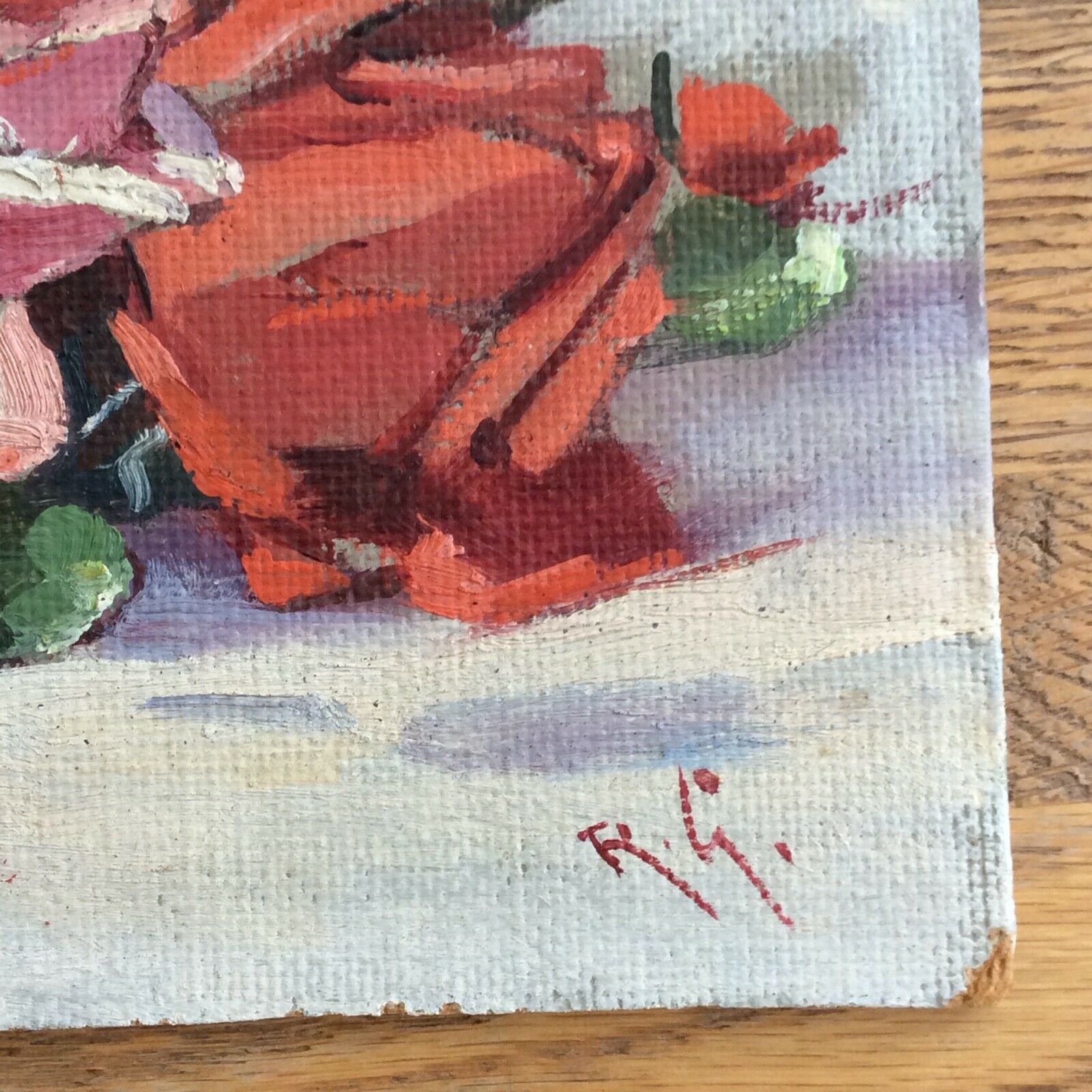 Painting Painting Oil on Panel Signed RG Bouquet of Roses Mid-20th