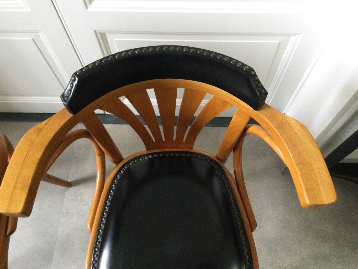 Pair of curved wooden bistro armchairs