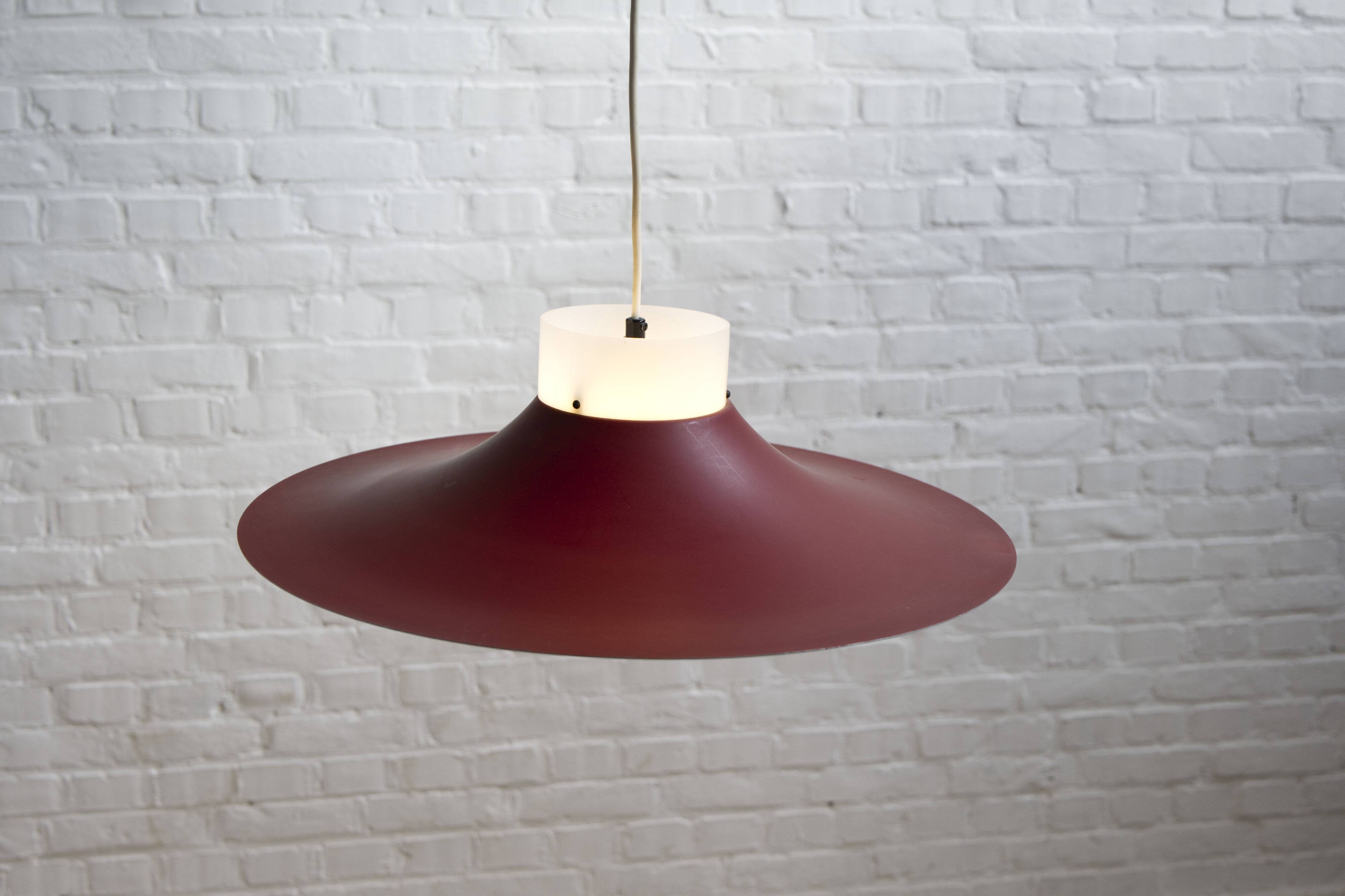 Danish red metal and opal plastic pendant lamp, 1960s