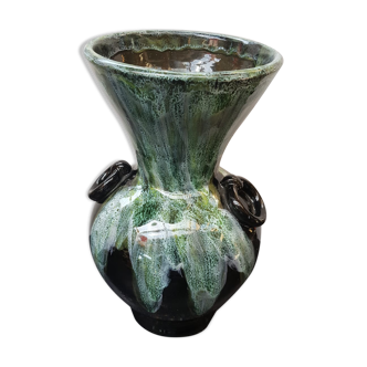 Old black enamelled ceramic Gaubier vase with green white vintage drips
