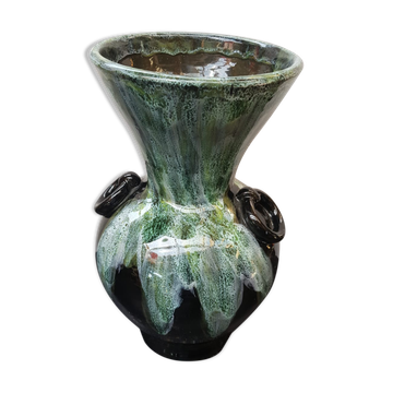 Ancien vase gaubier céramique émaillée noire coulures vert blanc vintage
