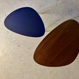 Pair of tripod and nesting coffee tables in walnut and midnight blue