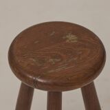 Vintage French tripod brutalist stool in solid wood (oak) C. 1960
