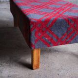 Large red and grey wool tartan upholstered bench with wooden frame
