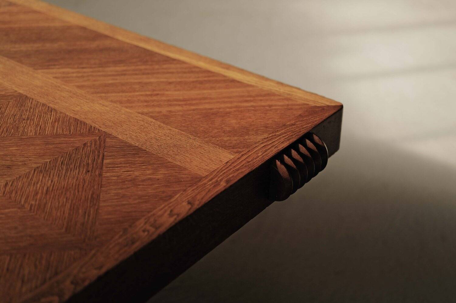 Solid oak table with marquetry, France, circa 1940.