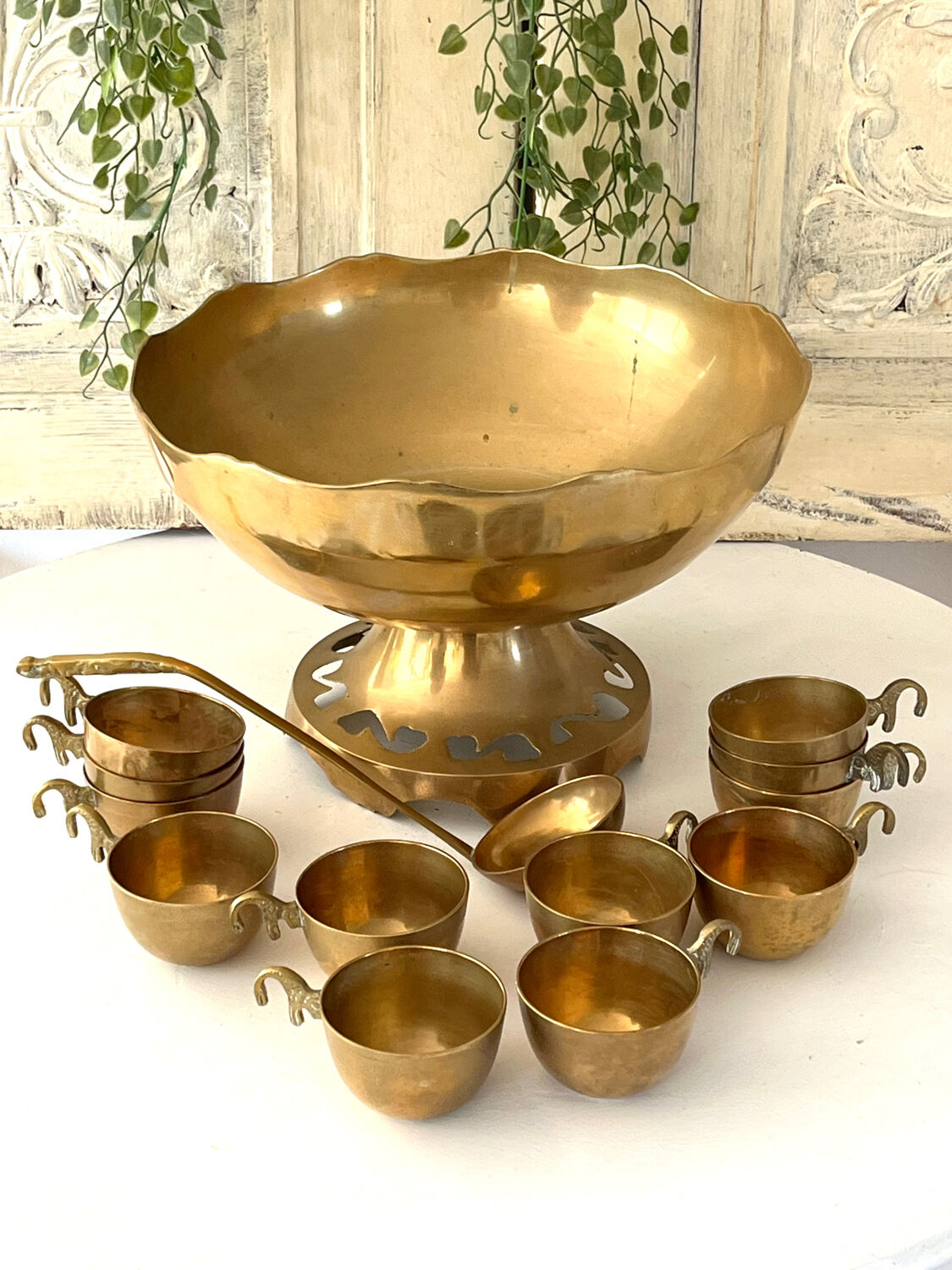 Brass Punch Bowl Set with 12 Cups, Ladle – French Vintage Mid-Century