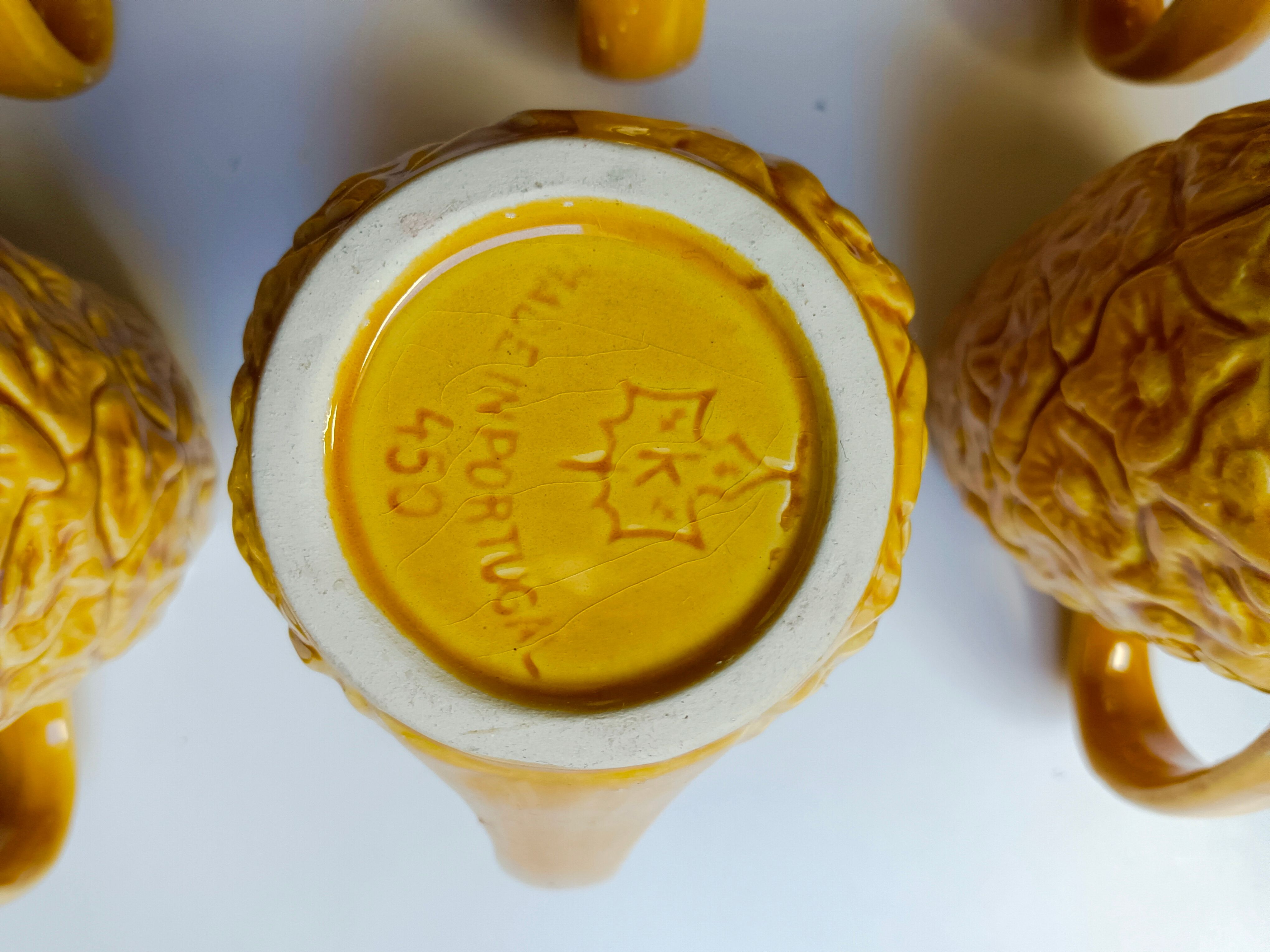 Handmade yellow pineapple mugs signed Kerangol made in Portugal.