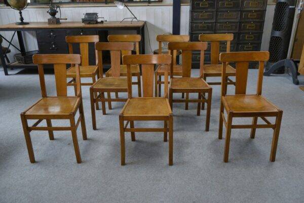 Set of 10 beech bistro chairs from the 1950s
