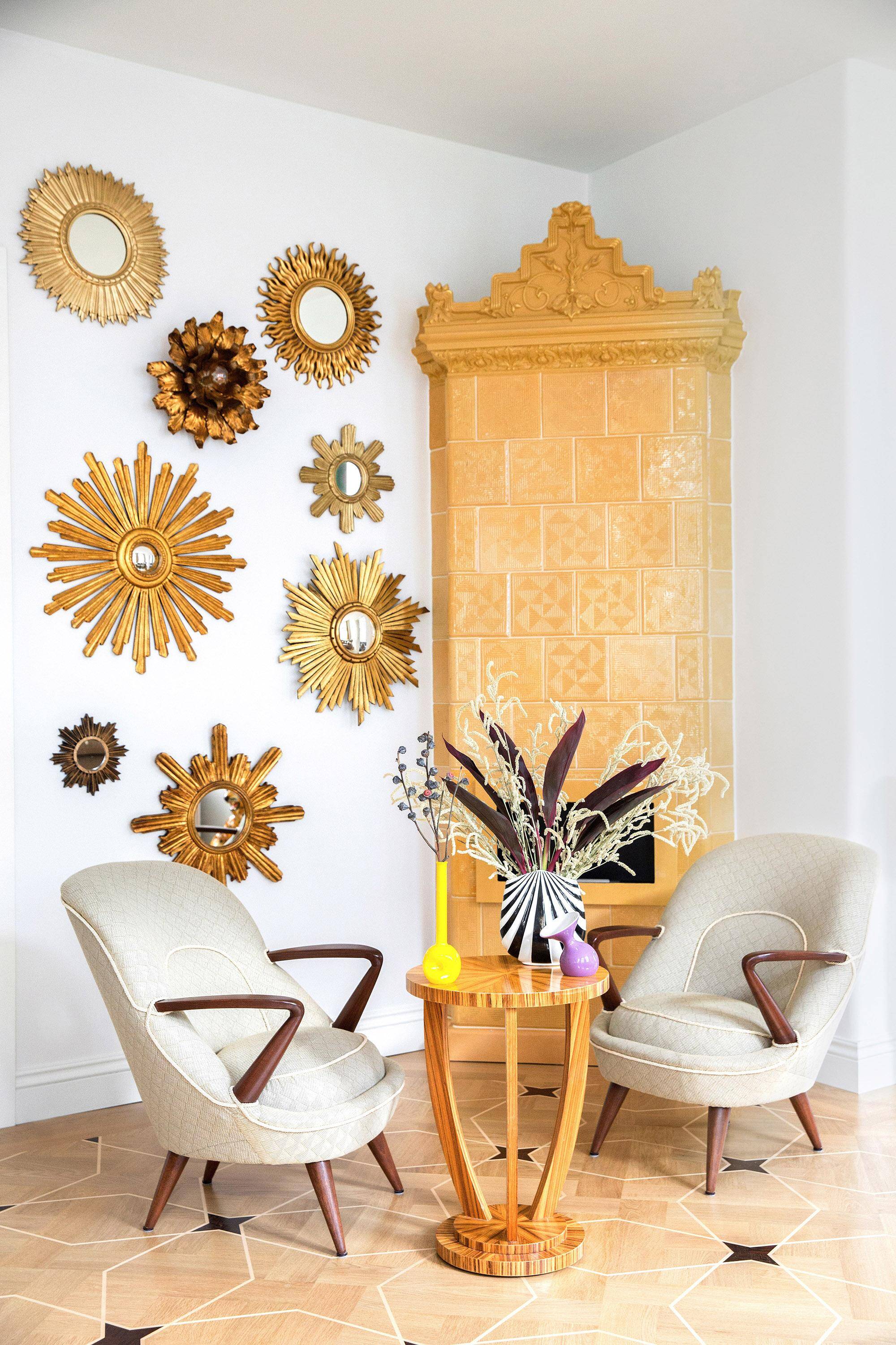 Vintage Italian golden sun mirror, mid-20th century.