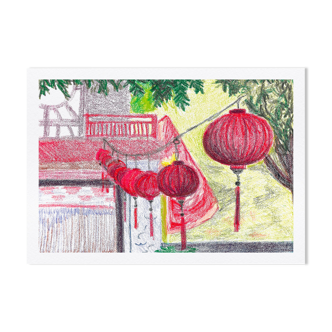 Hanoi lamps - A4 - Pastel drawing - Travel - Vietnam - Asia