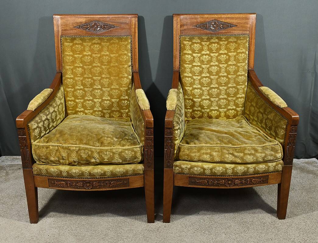 Pair of "Bergère" Armchairs in Mahogany, Empire Period – Early 19th Century
