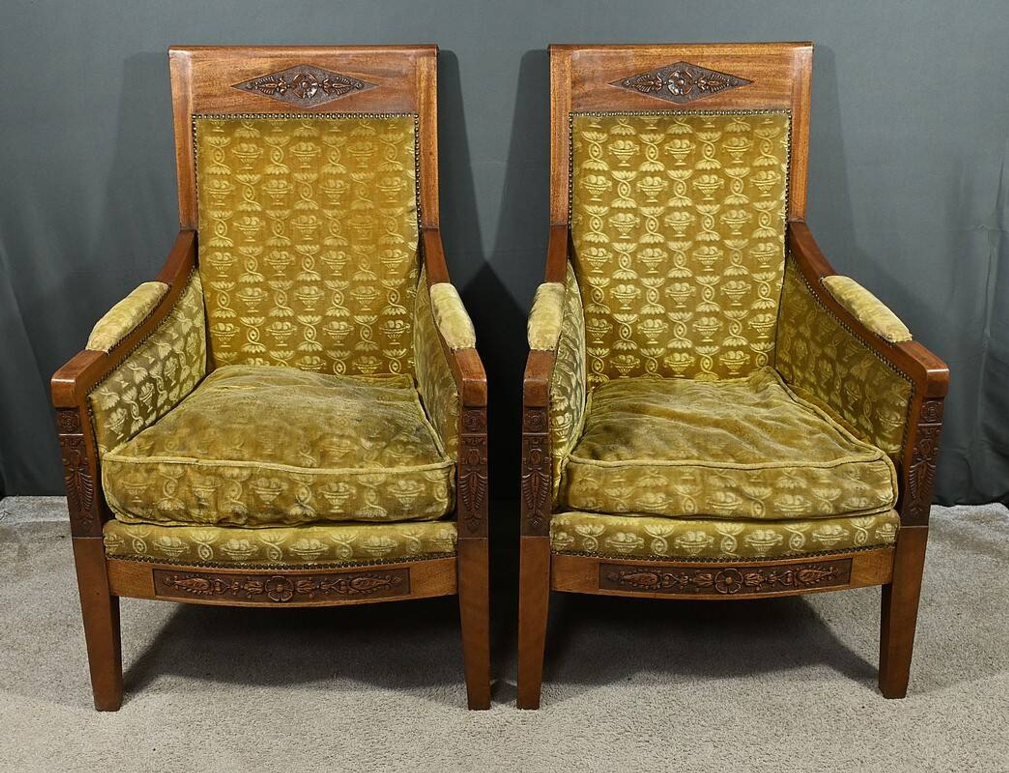 Pair of "Bergère" Armchairs in Mahogany, Empire Period – Early 19th Century