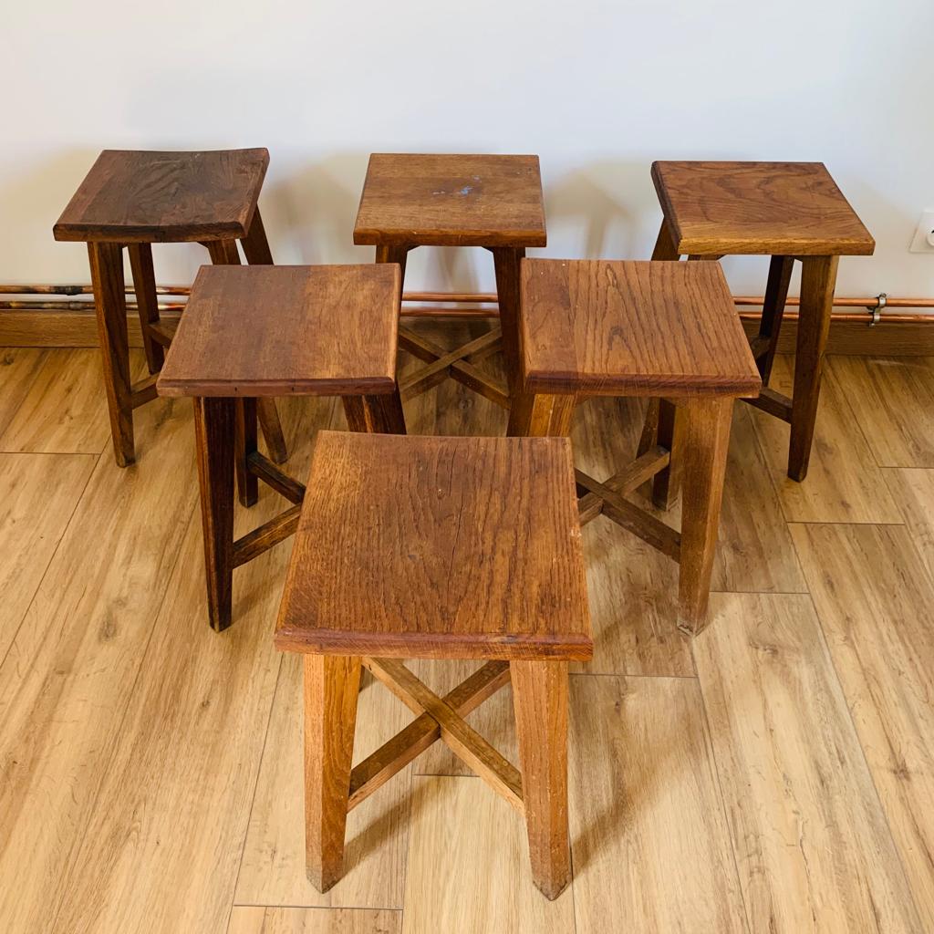Set of 6 brutalist oak stools