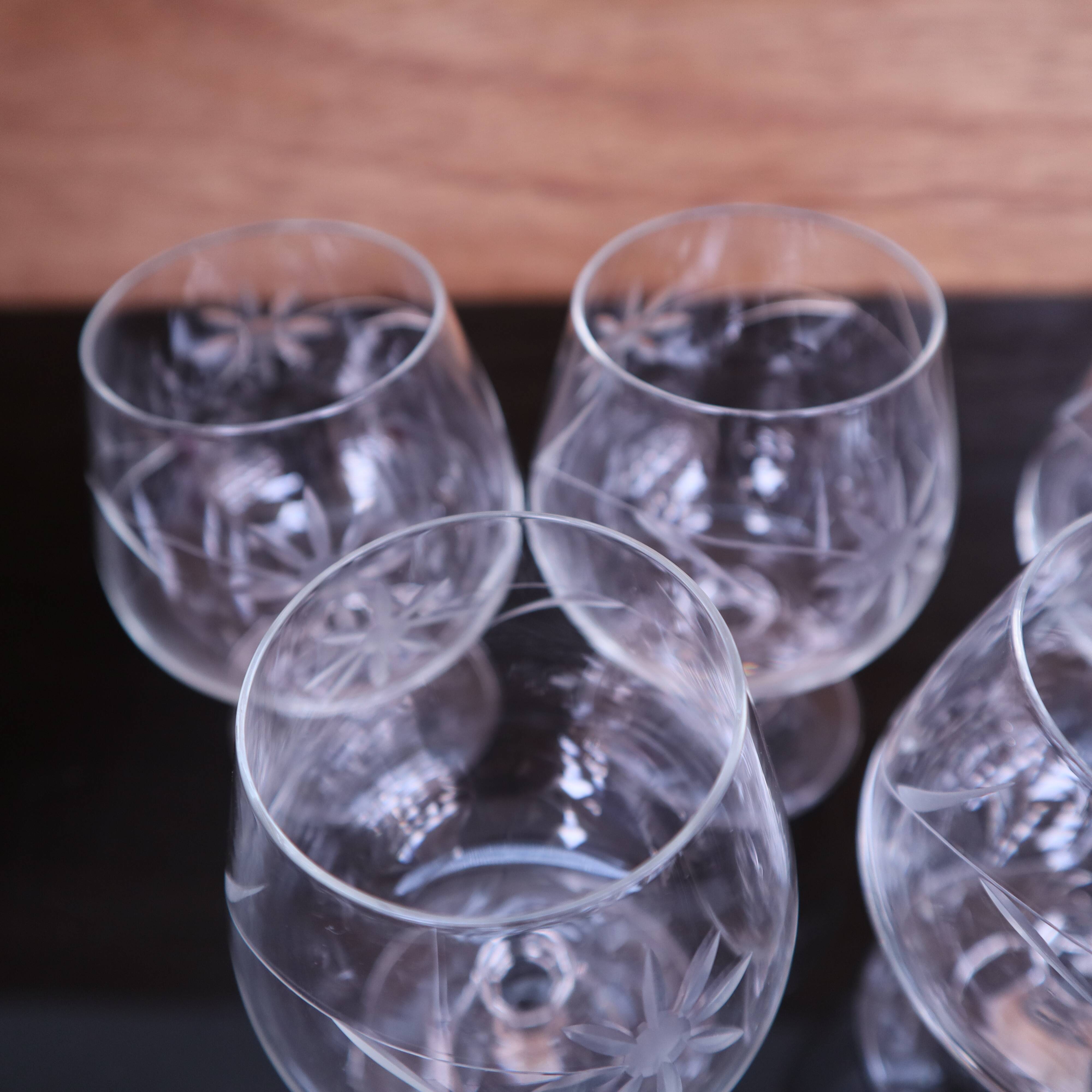 5 engraved vintage flower port glasses