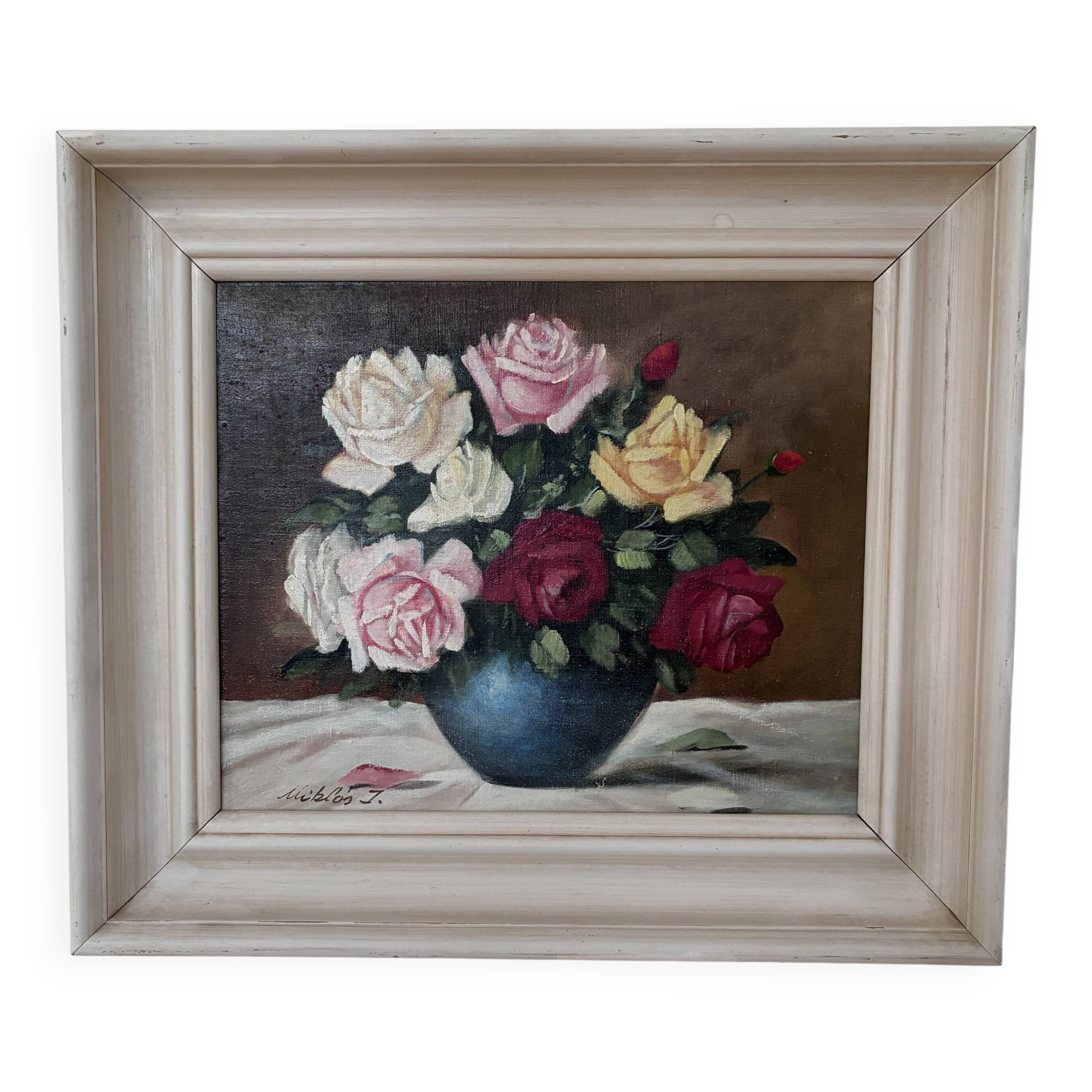 Vintage original floral rose oil painting, signed flower art