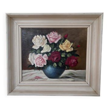 Peinture à l'huile vintage originale de roses florales, art floral signé
