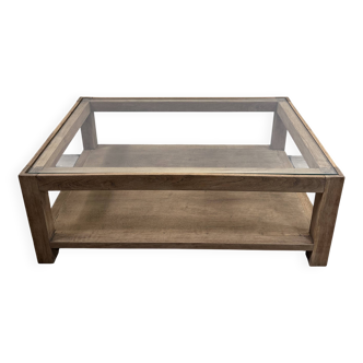 Table basse brutaliste en chêne avec un plateau verre