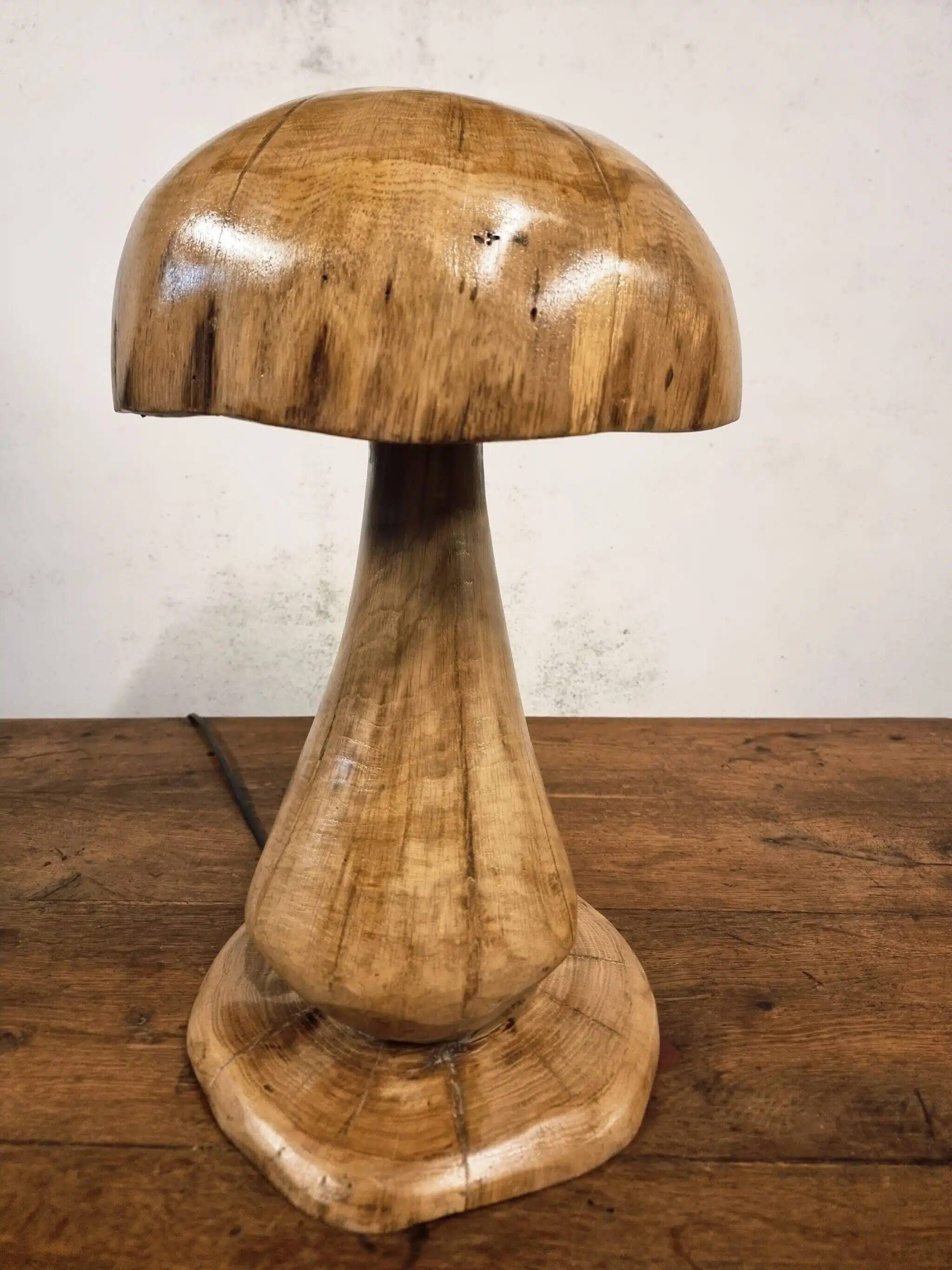 Hand-carved oak table lamp in the shape of a mushroom
