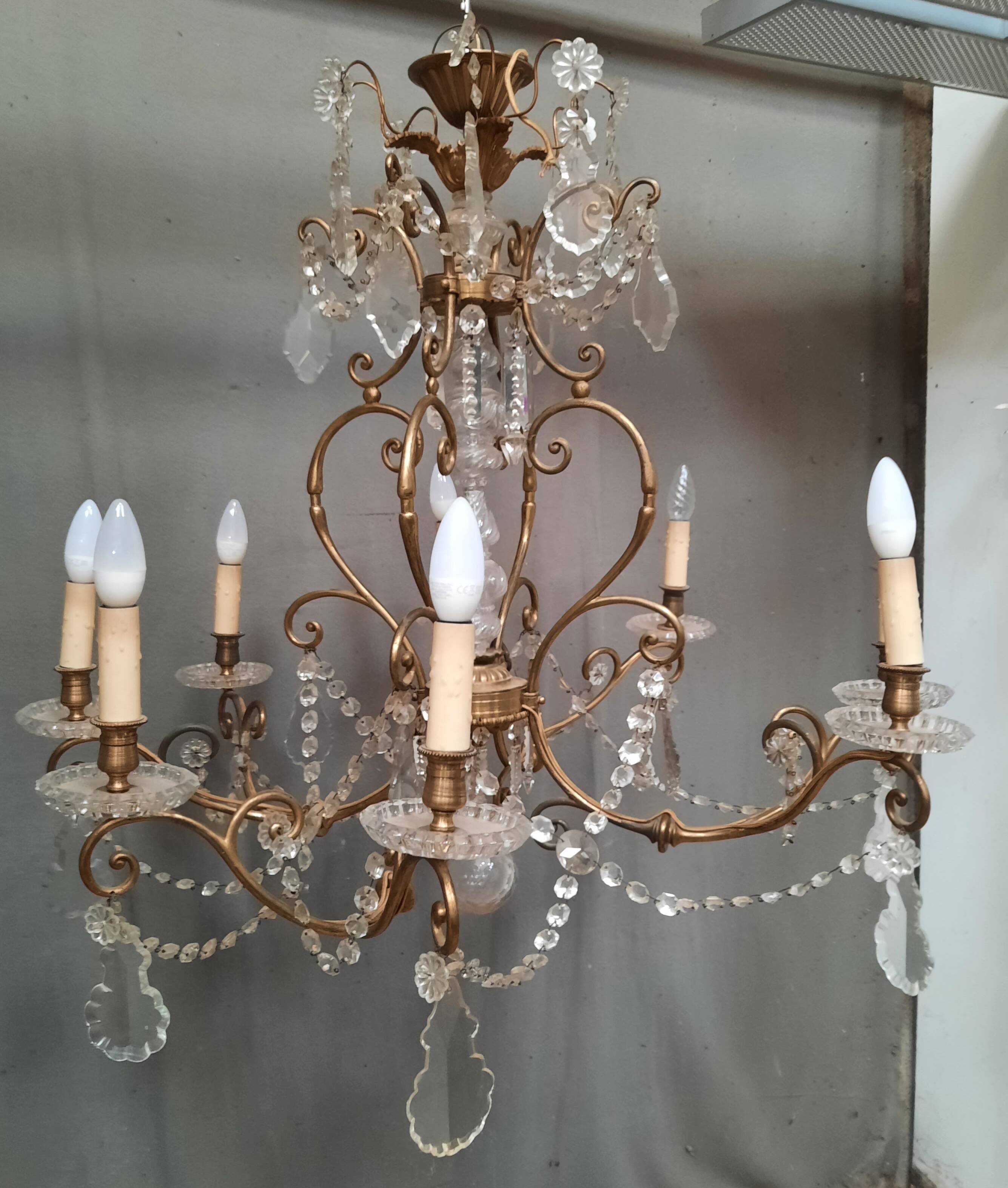Large brass and glass chandelier