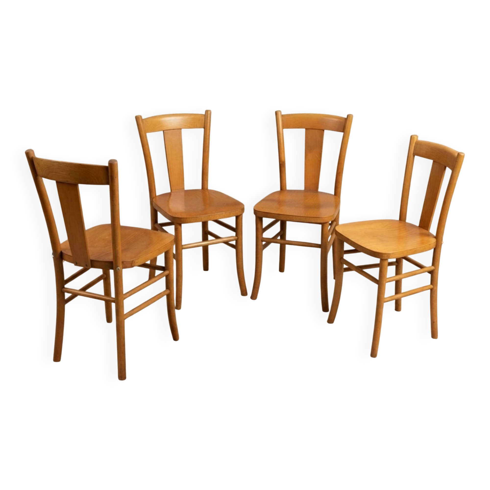 4 vintage bistro chairs from the 1950s in raw wood
