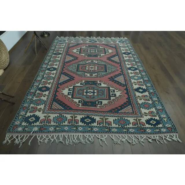 1970s Vintage Turkish Oushak Handmade Wool Cotton Pink Area Rug  192x256