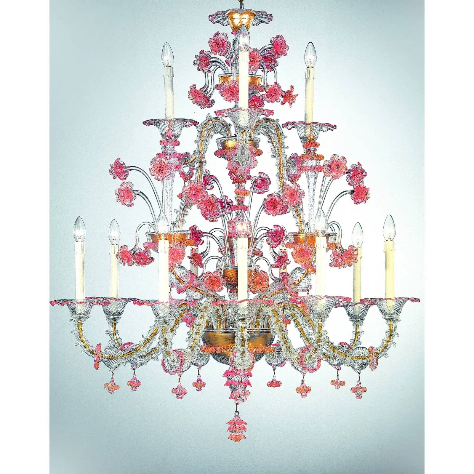 Luxury Pink and Transparent Venetian Murano Glass Chandelier
