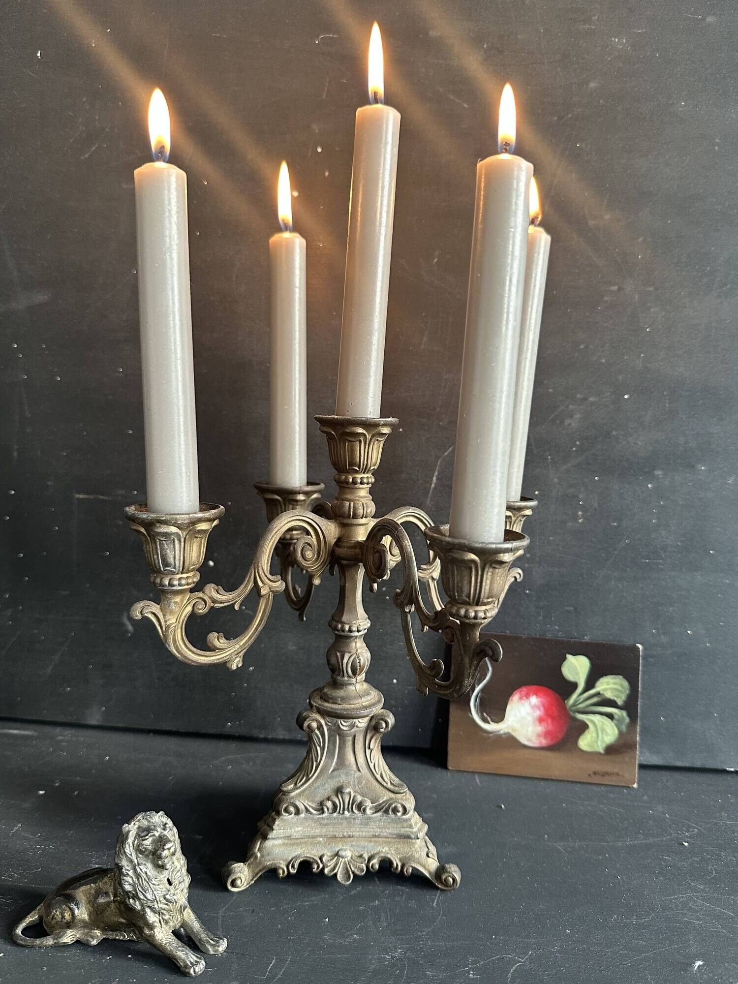 Small antique candelabrum with 5 lights in patinated brass - early 20th century