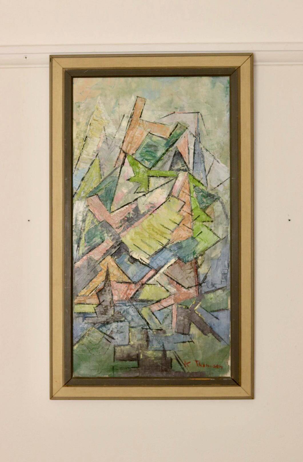 Original Swedish Mid-Century Oil on Canvas" Cubist Composition" by K. Thomsen - Vintage and Framed