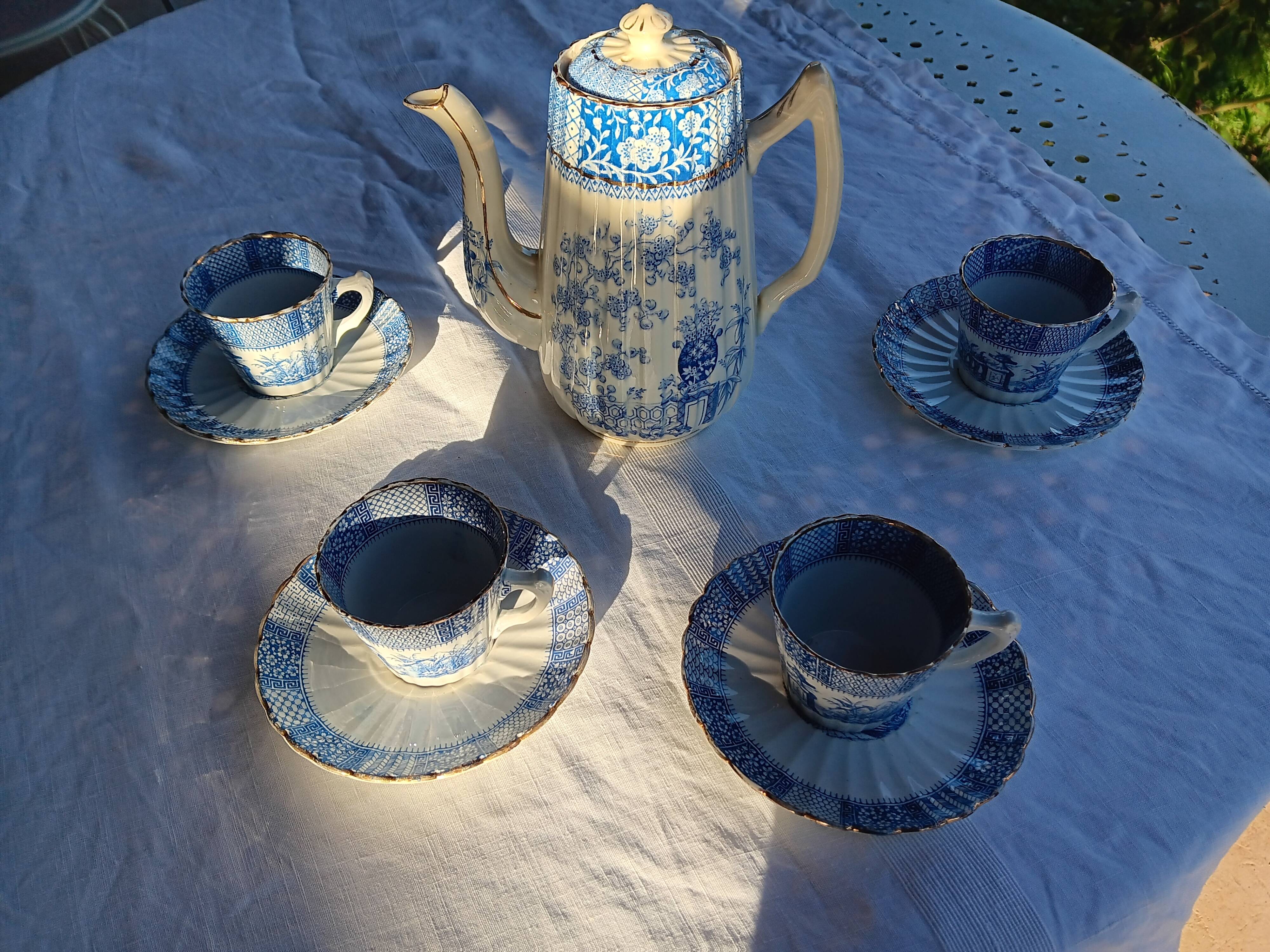 Old coffee service Lunéville with blue lace decoration.