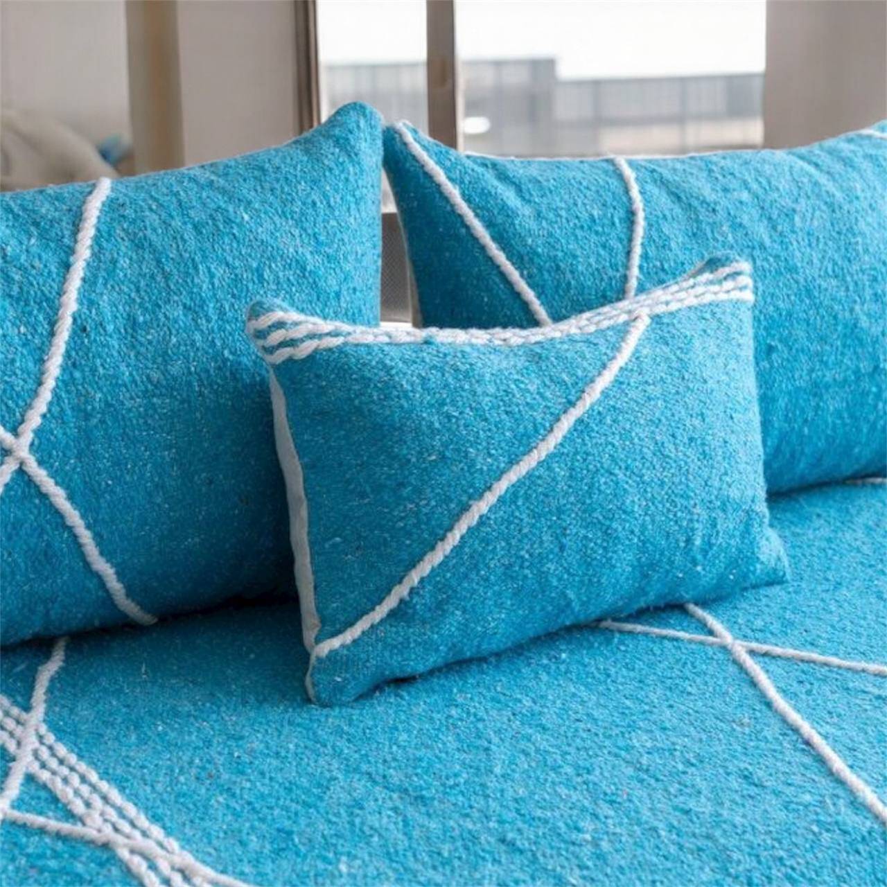 Sky Serenity – Moroccan Znafi Floor Lounge in Sky Blue - Handwoven Bejaad