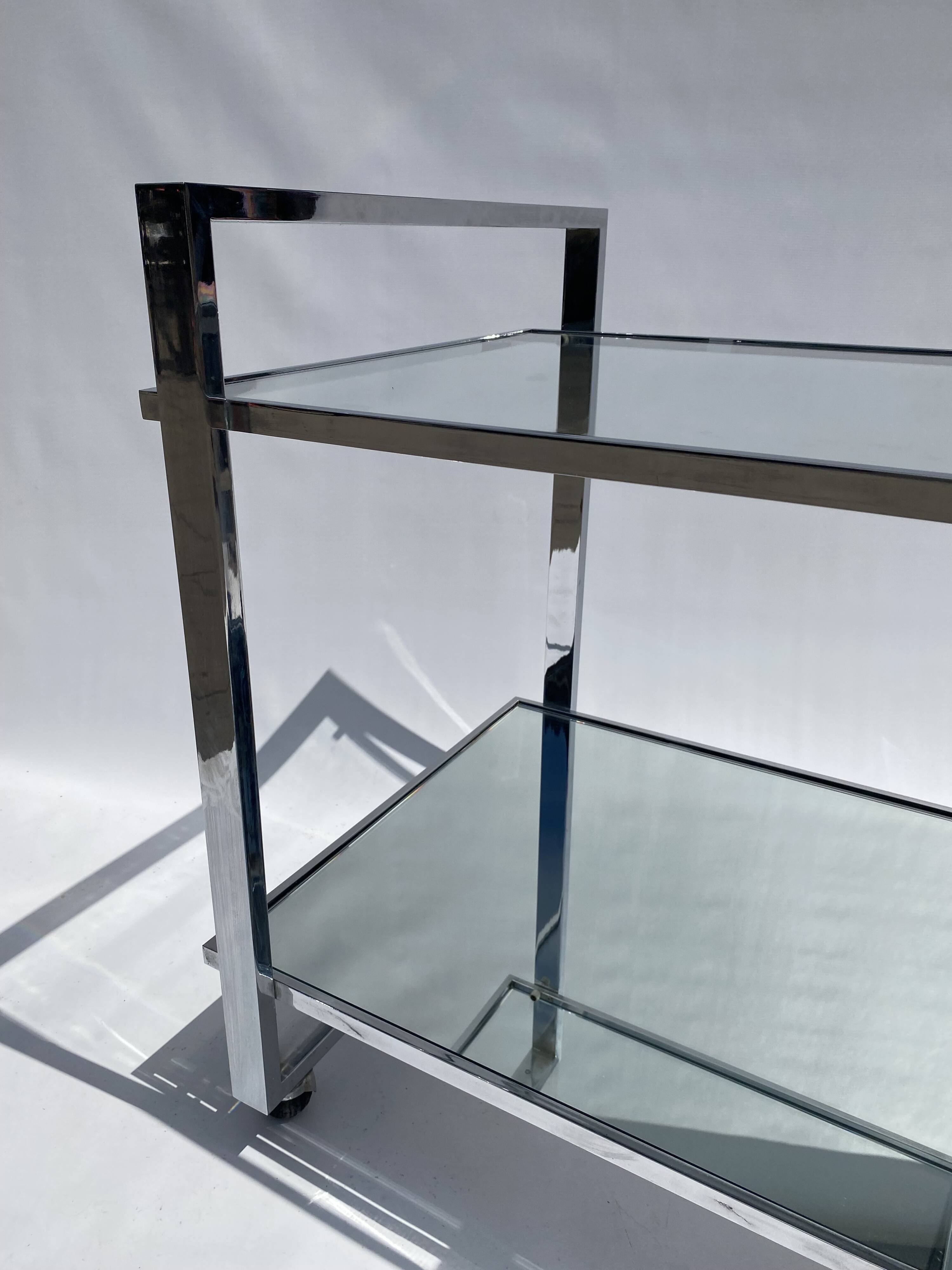 Romeo Rega Chrome 1970s Square Drinks Bar Cart Trolley Table Glass Mirror