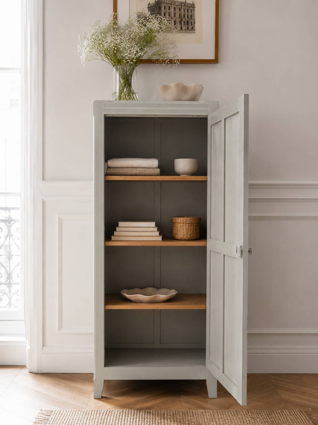 Re-enchanted vintage wardrobe in grey-green.