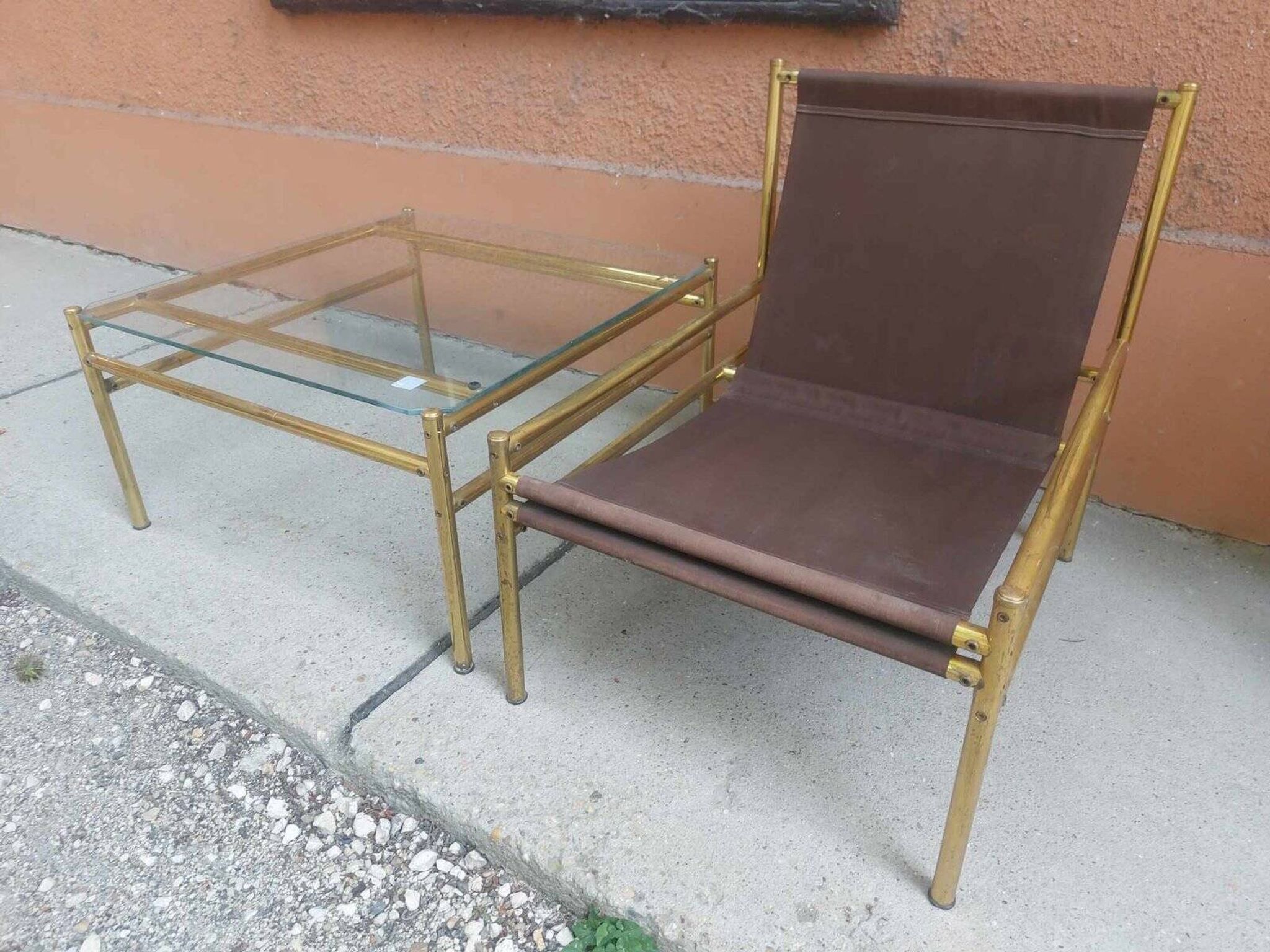 1960s vintage set — brass and glass chairs and table in straw yellow (set of 3)