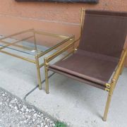 1960s vintage set — brass and glass chairs and table in straw yellow (set of 3)