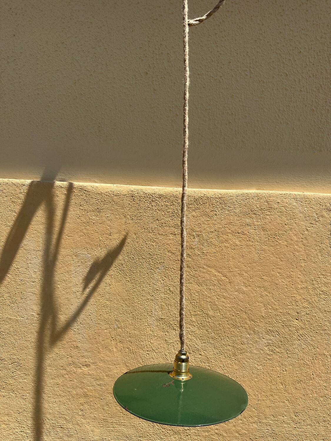 Vintage pendant light with green and white enamelled sheet metal shade