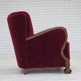 1950s, Danish relax armchair, cherry-red furniture velour, dark beech wood.
