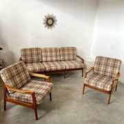 Lot armchairs and sofa 60 years Scandinavian design in vintage blond teak