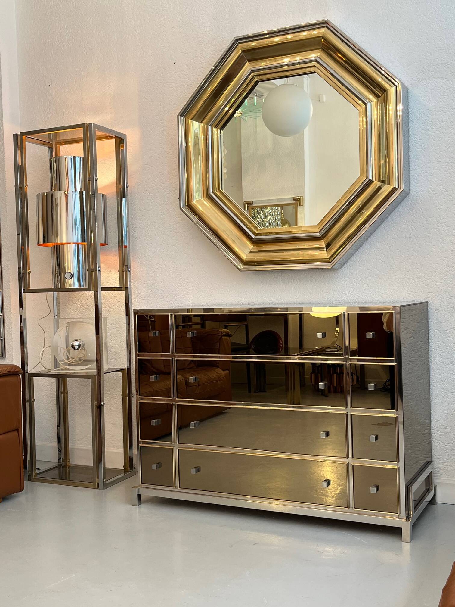 Sandro Petti enormous octagonal mirror brass chrome 1970s Maison Jansen