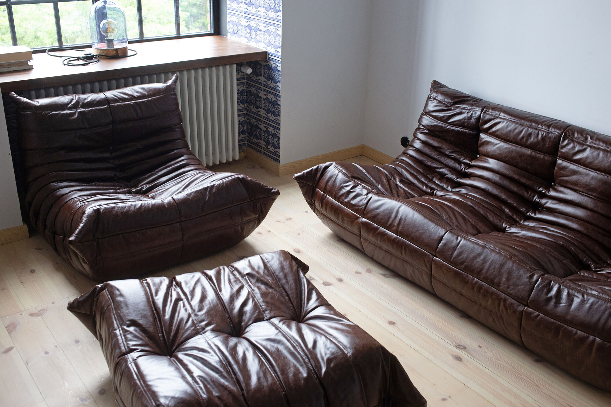 Set of 3 brown leather sofas "Togo" model designed by Michel Ducaroy 1973
