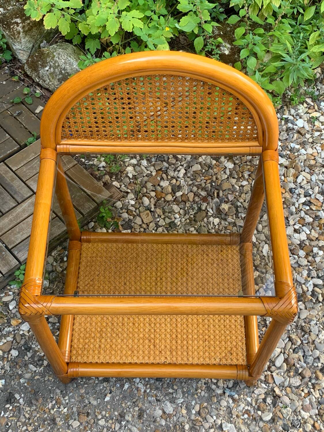 Chest of drawers and bedside table in rattan cane and oak, vintage 1970s
