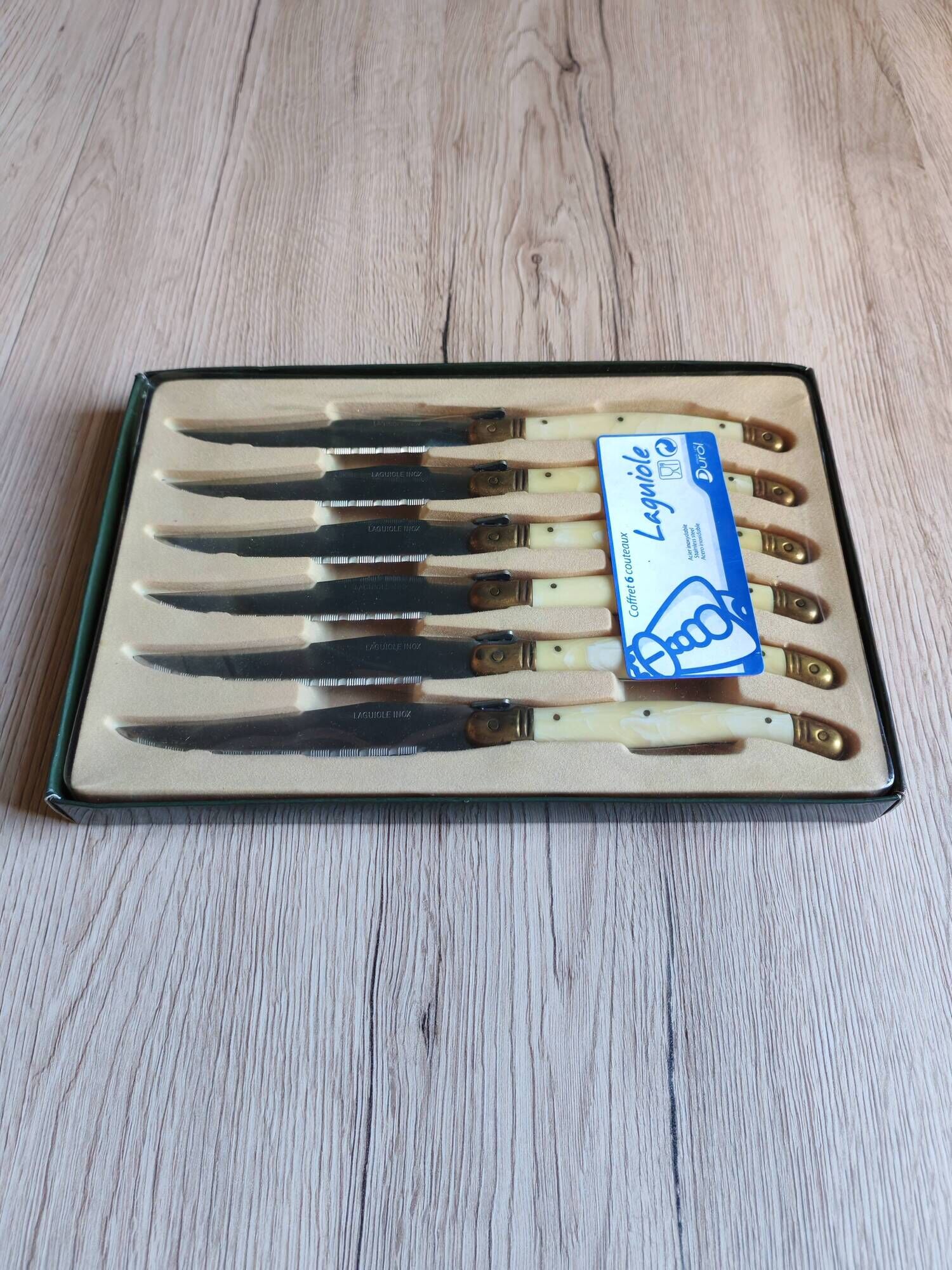 Vintage Box 6 Laguiole Table Knives Ivory Handles Gold Bolsters