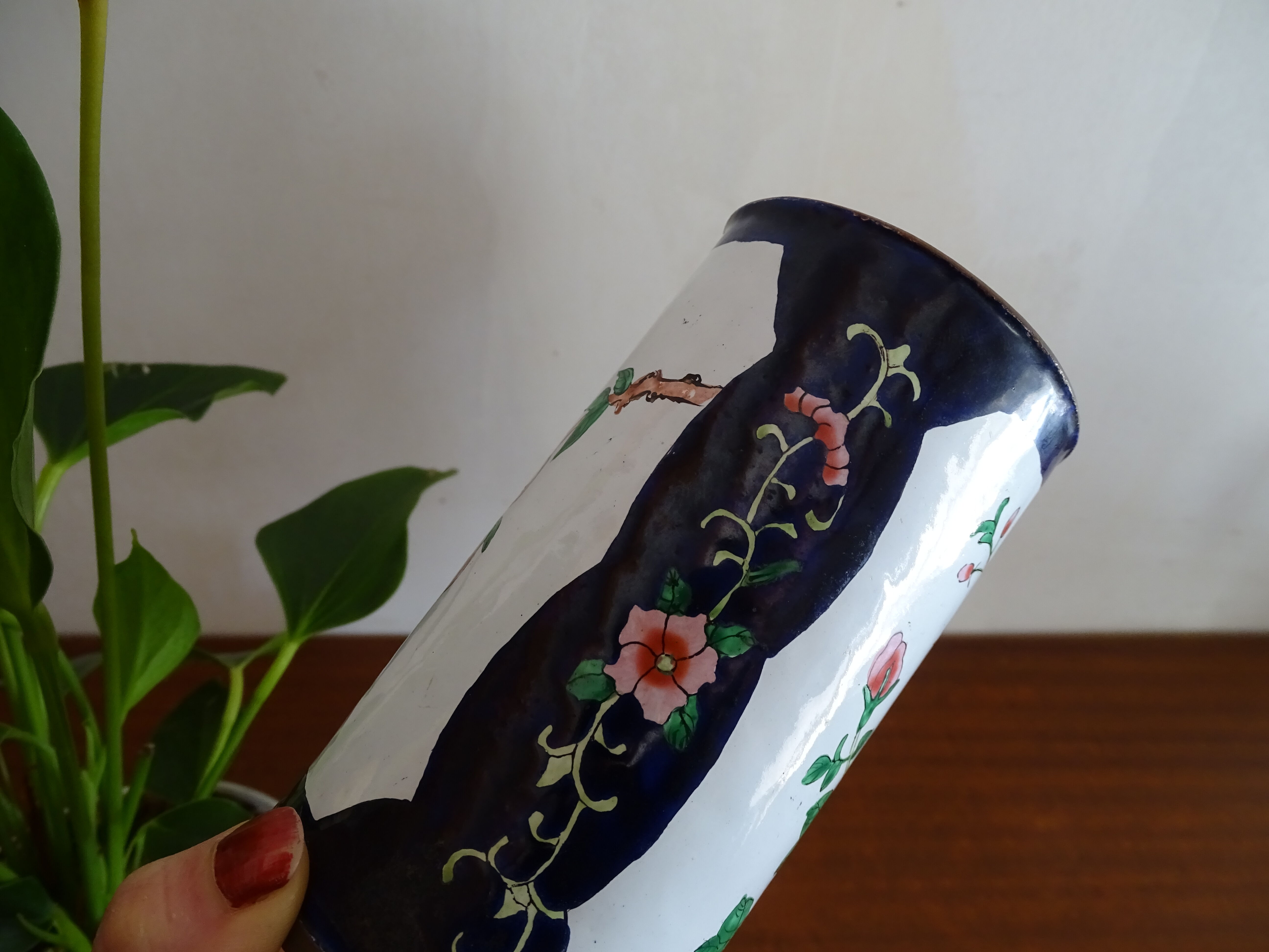 Cloisonné enamel pencil pot on copper