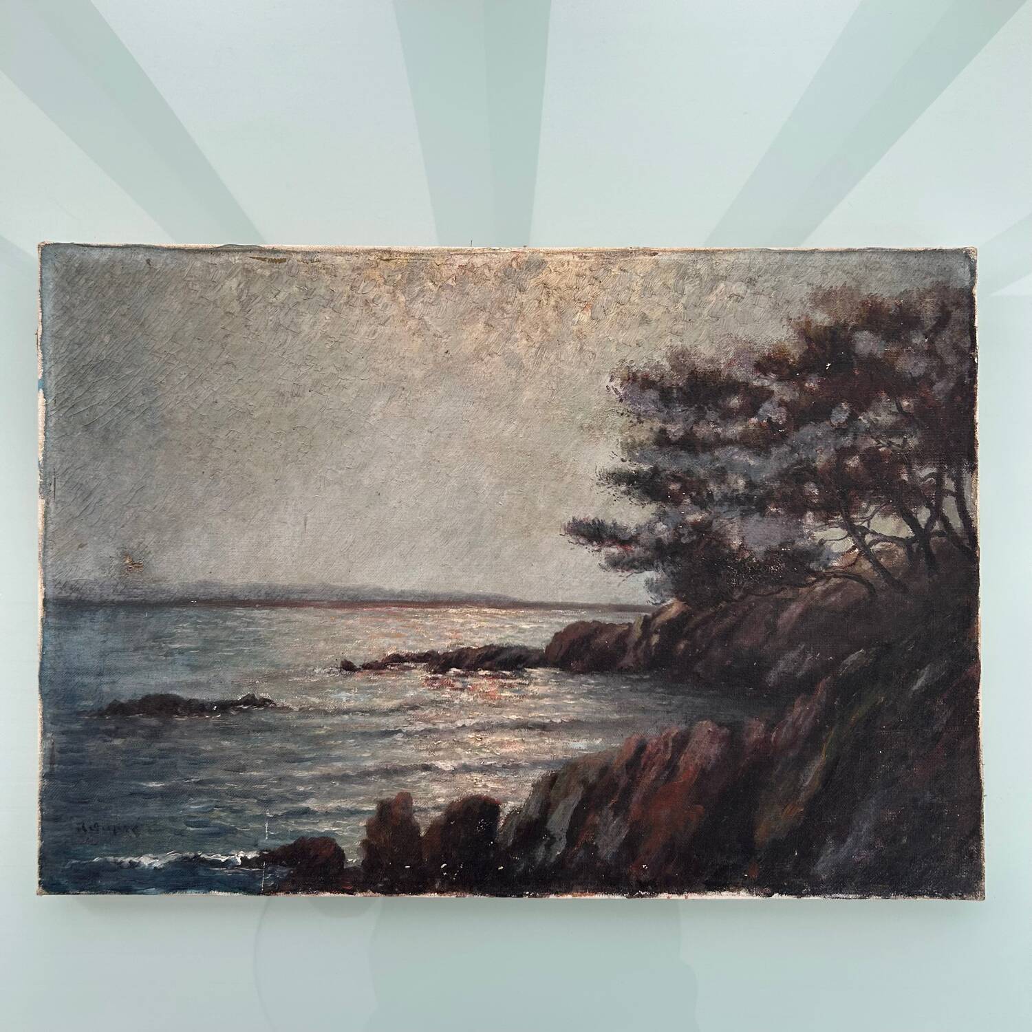 Old painting of sunrise over the sea