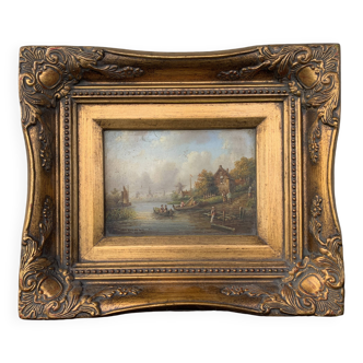 Old painting River landscape with village scene signed