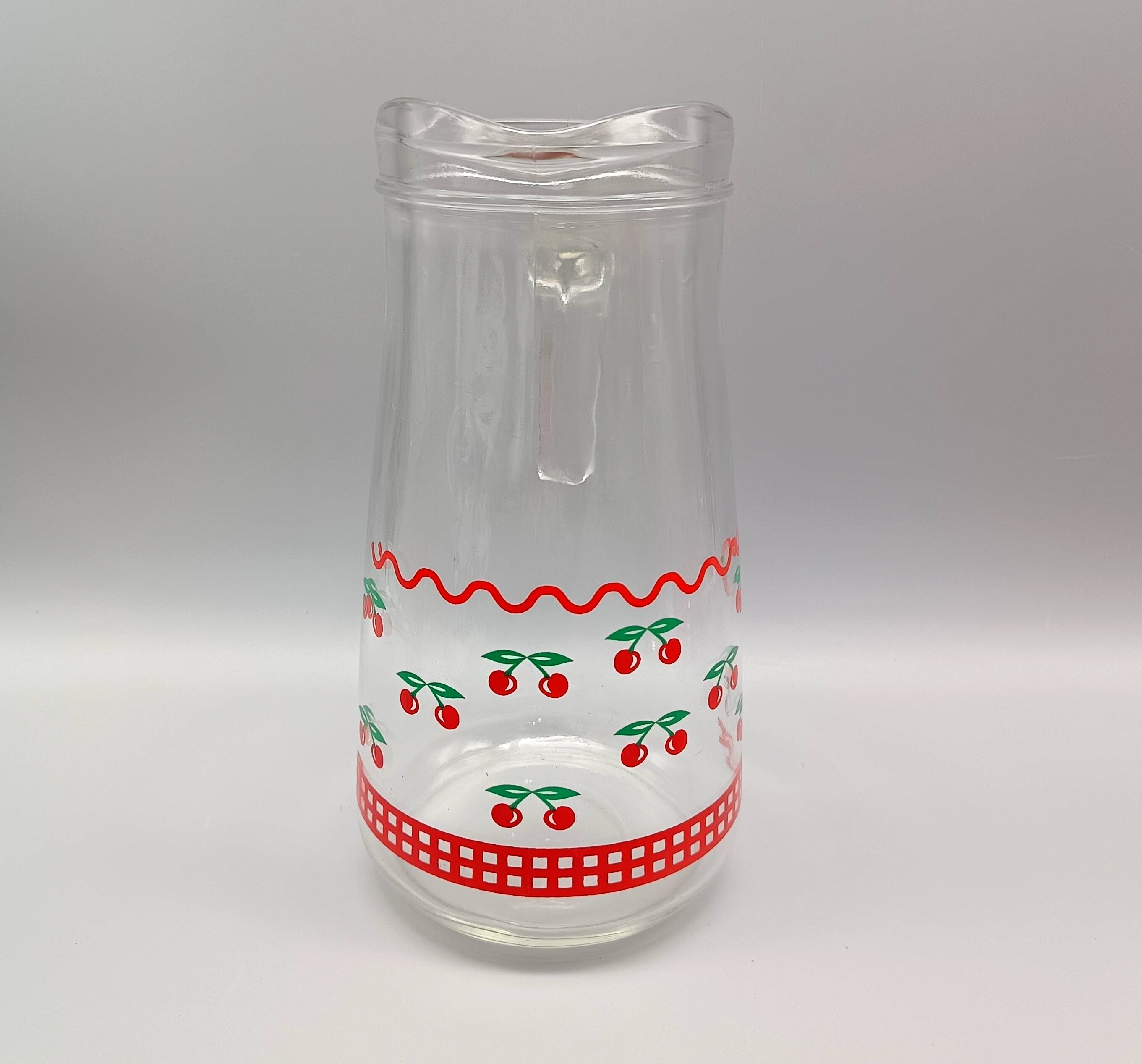 Vintage cherry ORANGEADE SET, 6 glasses and pitcher, France, VMC