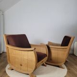 Pair of "Corbeille" armchairs in solid oak and chocolate velvet – S