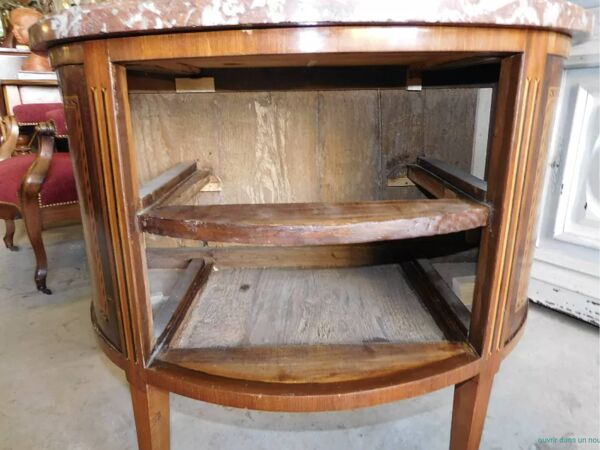 Commode demi lune en marqueterie 2 tiroirs plateau marbre fin du xix ème siecle