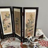 Paravent de table chinois en papier de soie peint, bois et verre