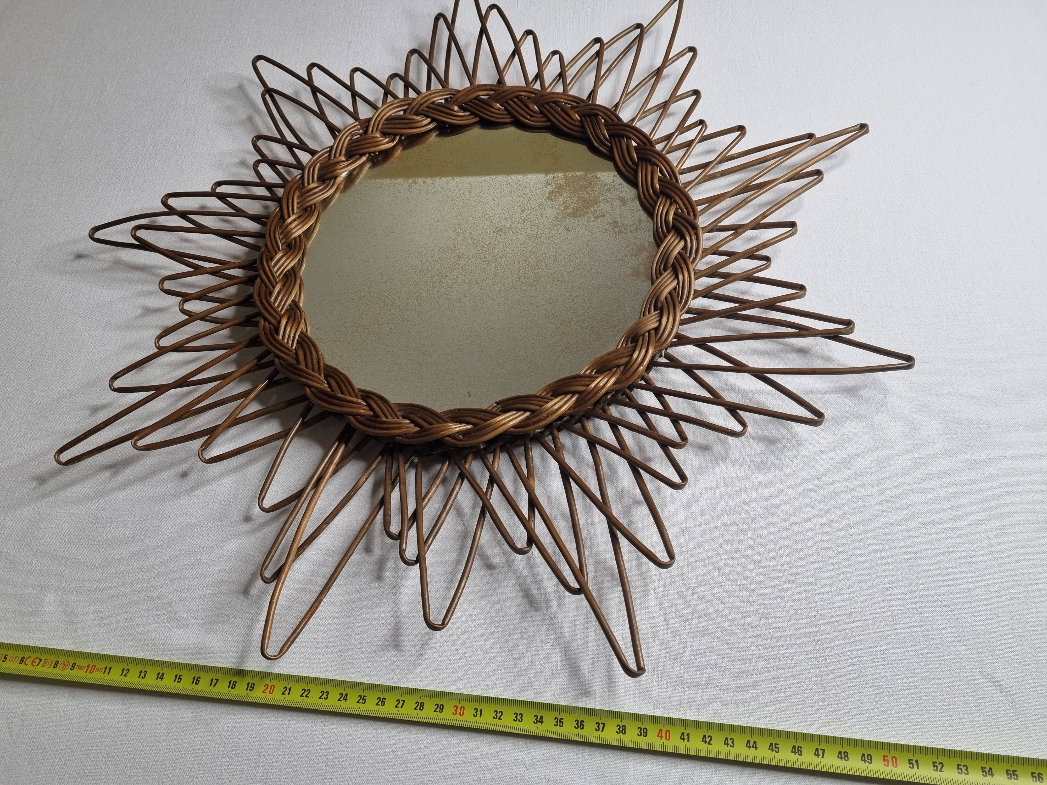 Miroir soleil en rotin vintage, années 60 - 50cm